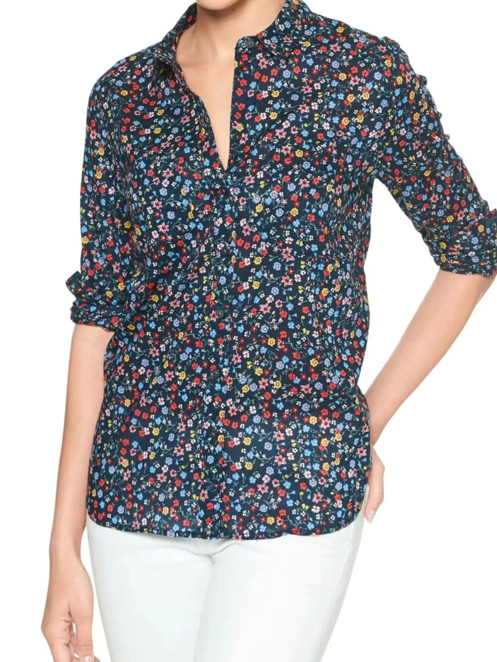 GAP Boyfriend Fit Navy Floral Button-Down Shirt size L